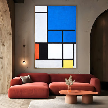 Quadro Stampa su Tela Composizione Con Grande Piano Blu Rosso Nero Giallo E Grigio, Piet Mondrian - CupidoDesign