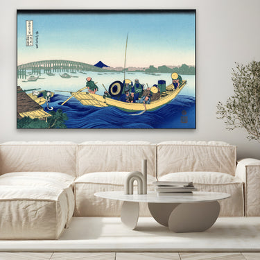 Quadro Stampa su Tela Tramonto attraverso il ponte Ryōgoku dalla riva del fiume Sumida a Onmayagashi, Katsushika Hokusai - CupidoDesign