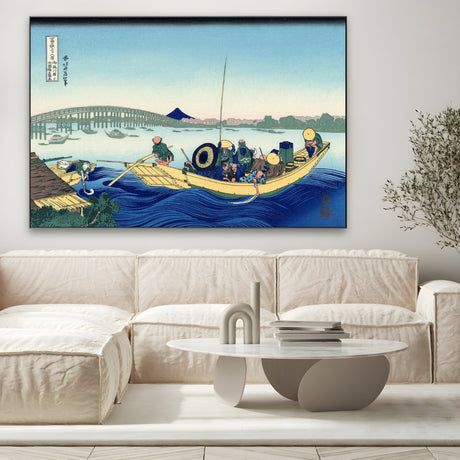 Quadro Stampa su Tela Tramonto attraverso il ponte Ryōgoku dalla riva del fiume Sumida a Onmayagashi, Katsushika Hokusai - CupidoDesign