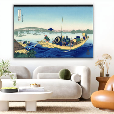 Quadro Stampa su Tela Tramonto attraverso il ponte Ryōgoku dalla riva del fiume Sumida a Onmayagashi, Katsushika Hokusai - CupidoDesign