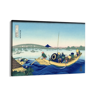 Quadro Stampa su Tela Tramonto attraverso il ponte Ryōgoku dalla riva del fiume Sumida a Onmayagashi, Katsushika Hokusai - CupidoDesign