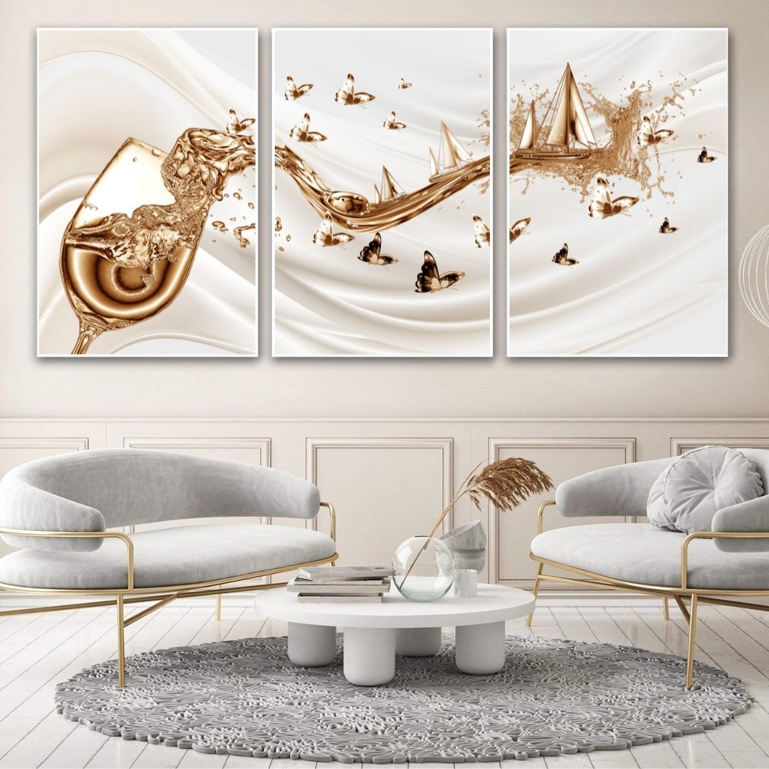 Boat in the Flow Set of 3 50x70cm With White Frame