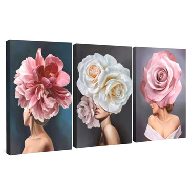Quadro Stampa su Tela Eleganza Floreale Set da 3 70x100cm Con Cornice Nera - CupidoDesign