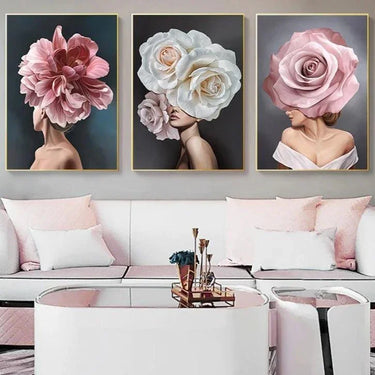 Quadro Stampa su Tela Eleganza Floreale Set da 3 70x100cm Con Cornice Nera - CupidoDesign
