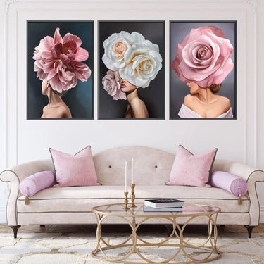 Quadro Stampa su Tela Eleganza Floreale Set da 3 70x100cm Con Cornice Nera - CupidoDesign