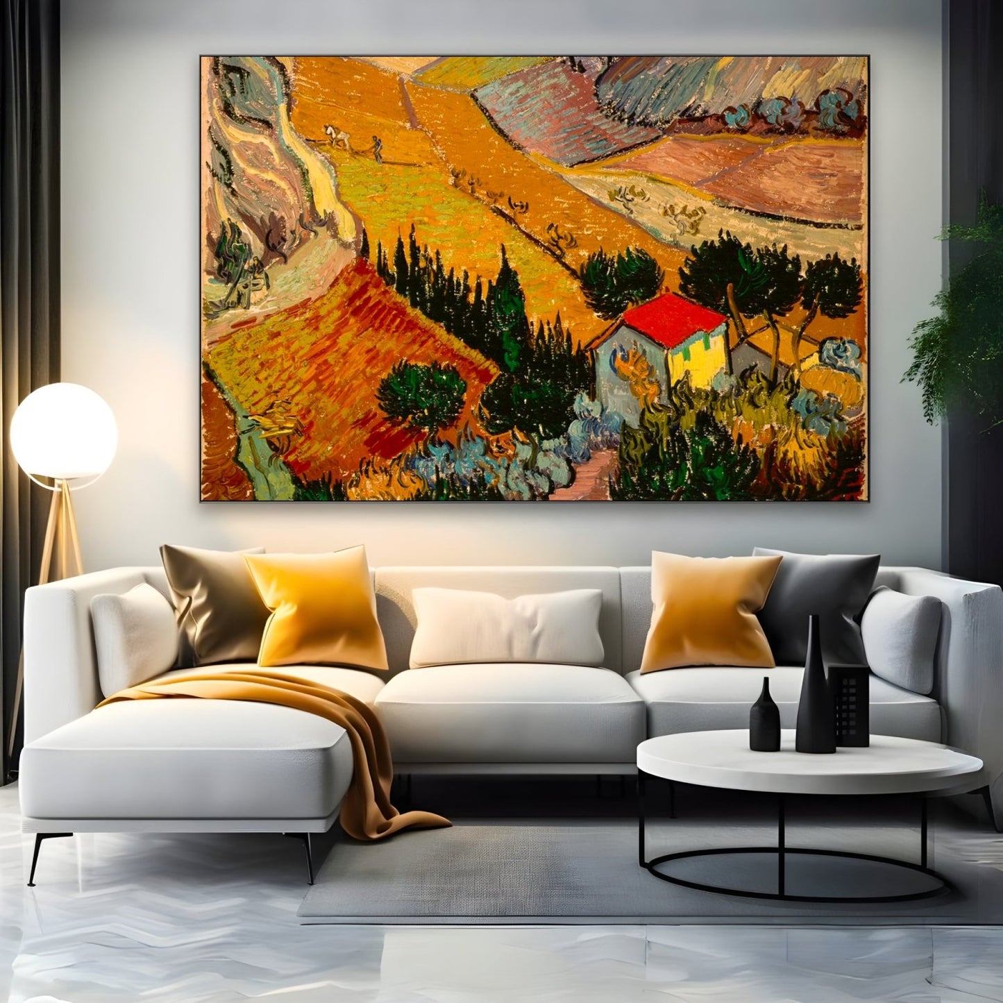 Vincento Van Gogo peizažas su namu ir plūgu