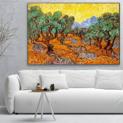Alyvmedžiai su geltonu dangumi ir saule, Vincentas Van Gogas