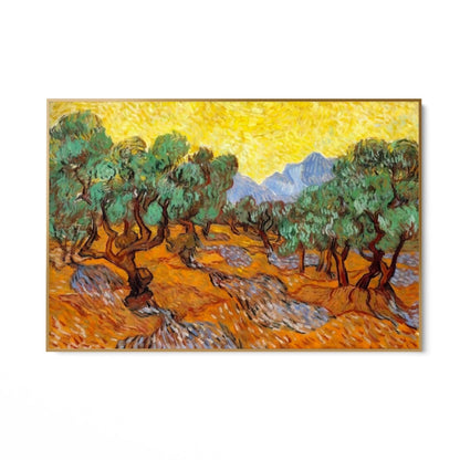 Oliventræer med gul himmel og sol, Vincent Van Gogh
