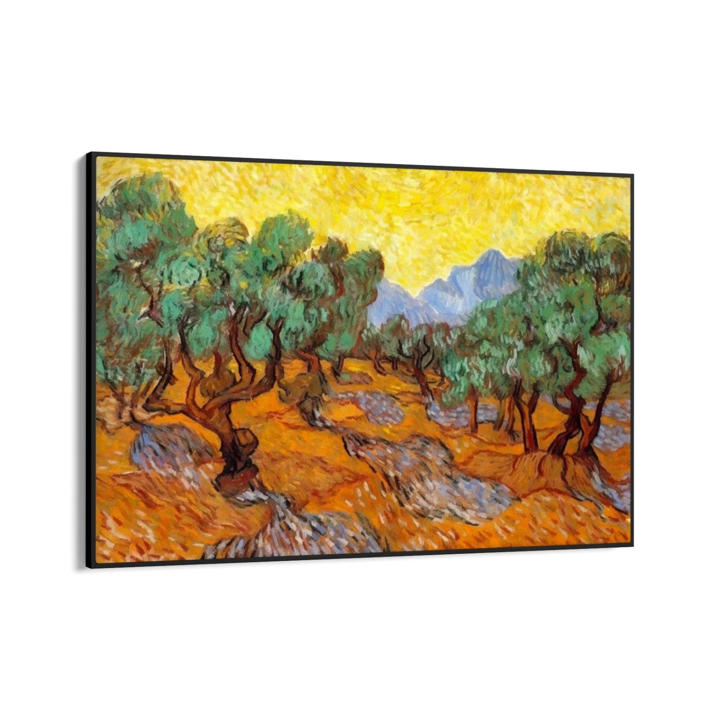 Drzewa oliwne z żółtym niebem i słońcem, Vincent Van Gogh