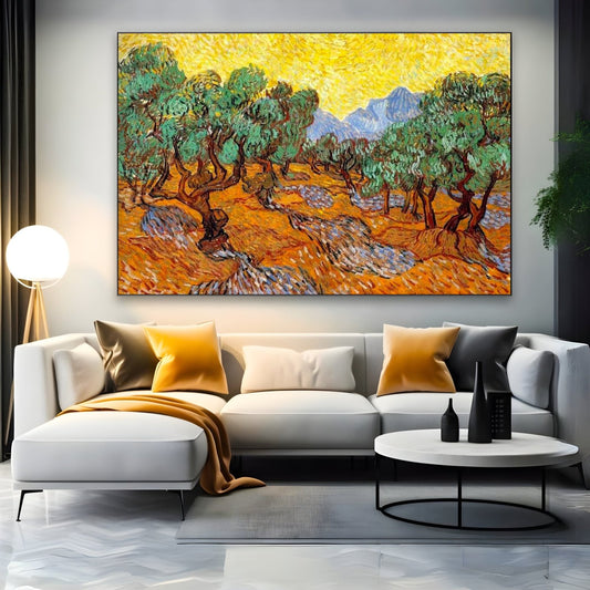 Drzewa oliwne z żółtym niebem i słońcem, Vincent Van Gogh