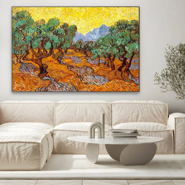 Quadro Stampa su Tela Olive Trees with Yellow Sky and Sun, Vincent Van Gogh - CupidoDesign