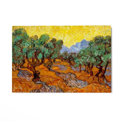 Oliivipuut keltaisella taivaalla ja aurinkolla, Vincent Van Gogh